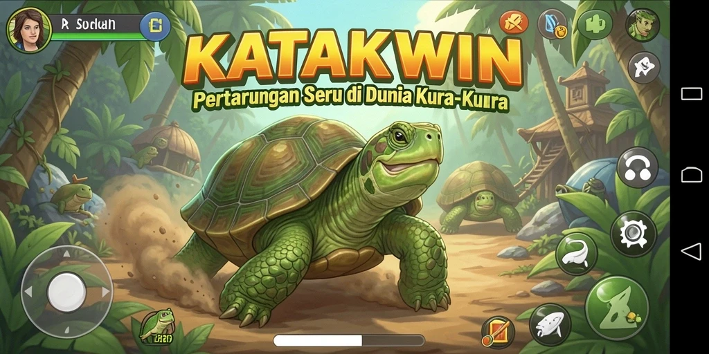 Tampilan gameplay KATAKWIN dengan pertarungan seru antara kura-kura.