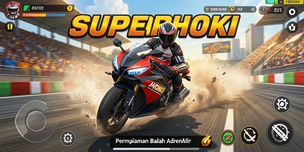 Screenshot gameplay SUPERHOKI menampilkan aksi balap motor yang mendebarkan.